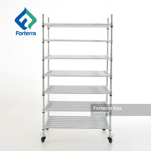 Horizontal Cylinder Cart-Holds 60 E Cylinders, Chrome Plated, 5in Casters with Brakes